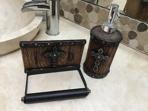WOOD W/ SILVER CROSS TOILET PAPER HOLDER And soap pump each sold separately