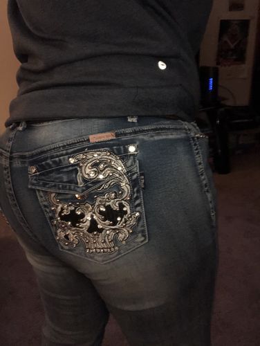 Boot cut denim biker Skull Jean on back pocket