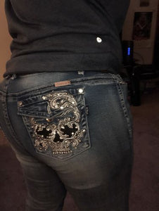 Boot cut denim biker Skull Jean on back pocket