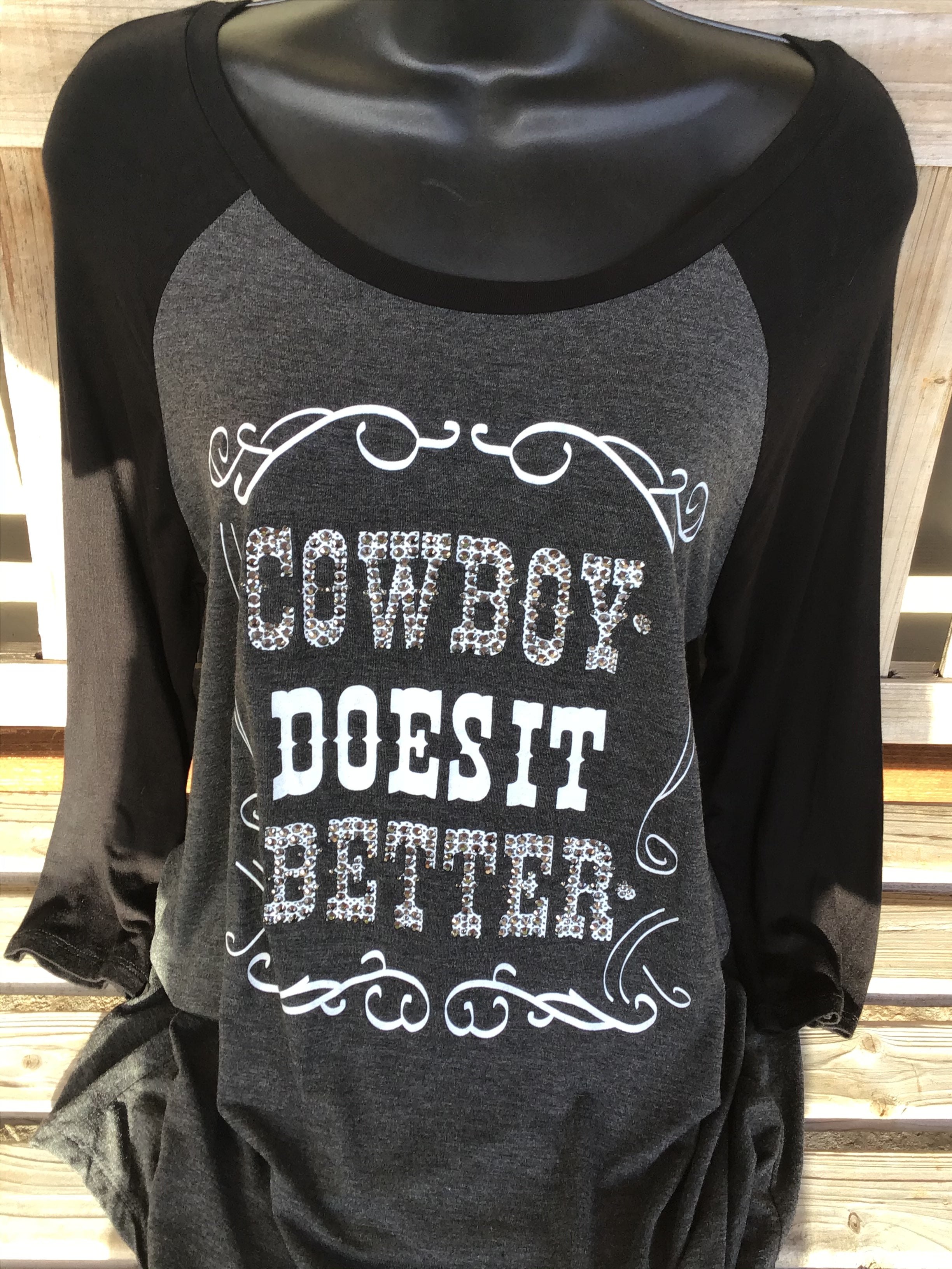 COWBOY DOES IT BETTER Women's  Western Top Fitted 3/4 sleeve tee with a round neck and rhinestone detail