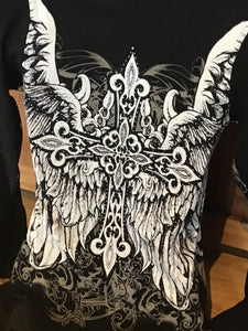 Biker women's top  gorgeous cross angel wing graphic print 3/4 sleeve with a round neck and embellished TOP SHIRT S M L XL