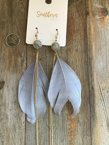 Bezel Stone Feather Drop Earrings