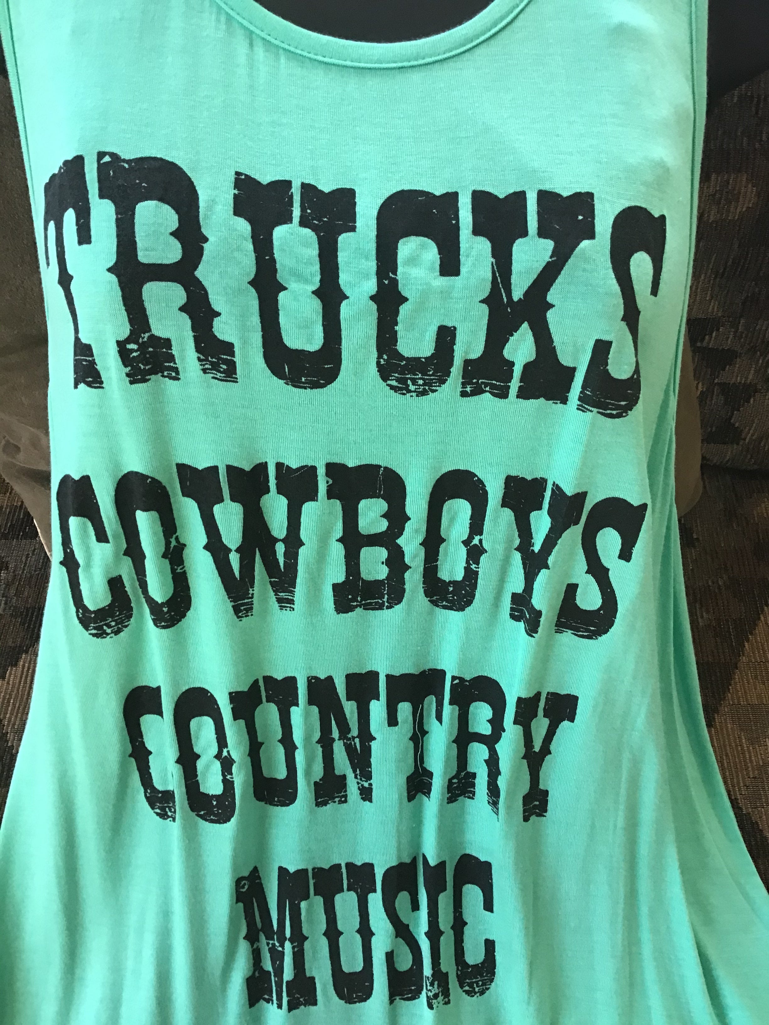 Grey or Teal Trucks Cowboys Country Music graphic plus size racer back tank top with trucks cowboys Fabric 95% Rayon, 5% Spandex