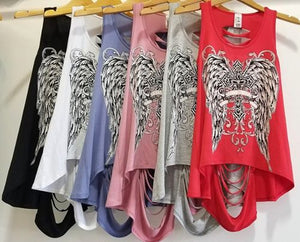 Sexy Tank Top Shredded Feather wing cross vintage tattoo graphic print rhinestone stud