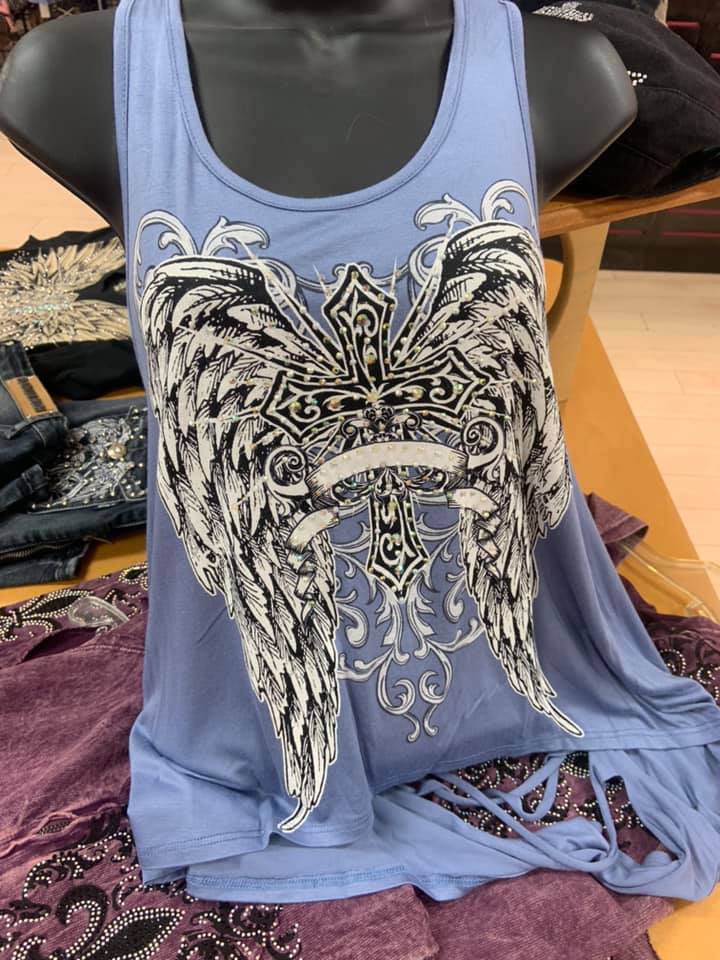 Sexy Tank Top Shredded Feather wing cross vintage tattoo graphic print rhinestone stud