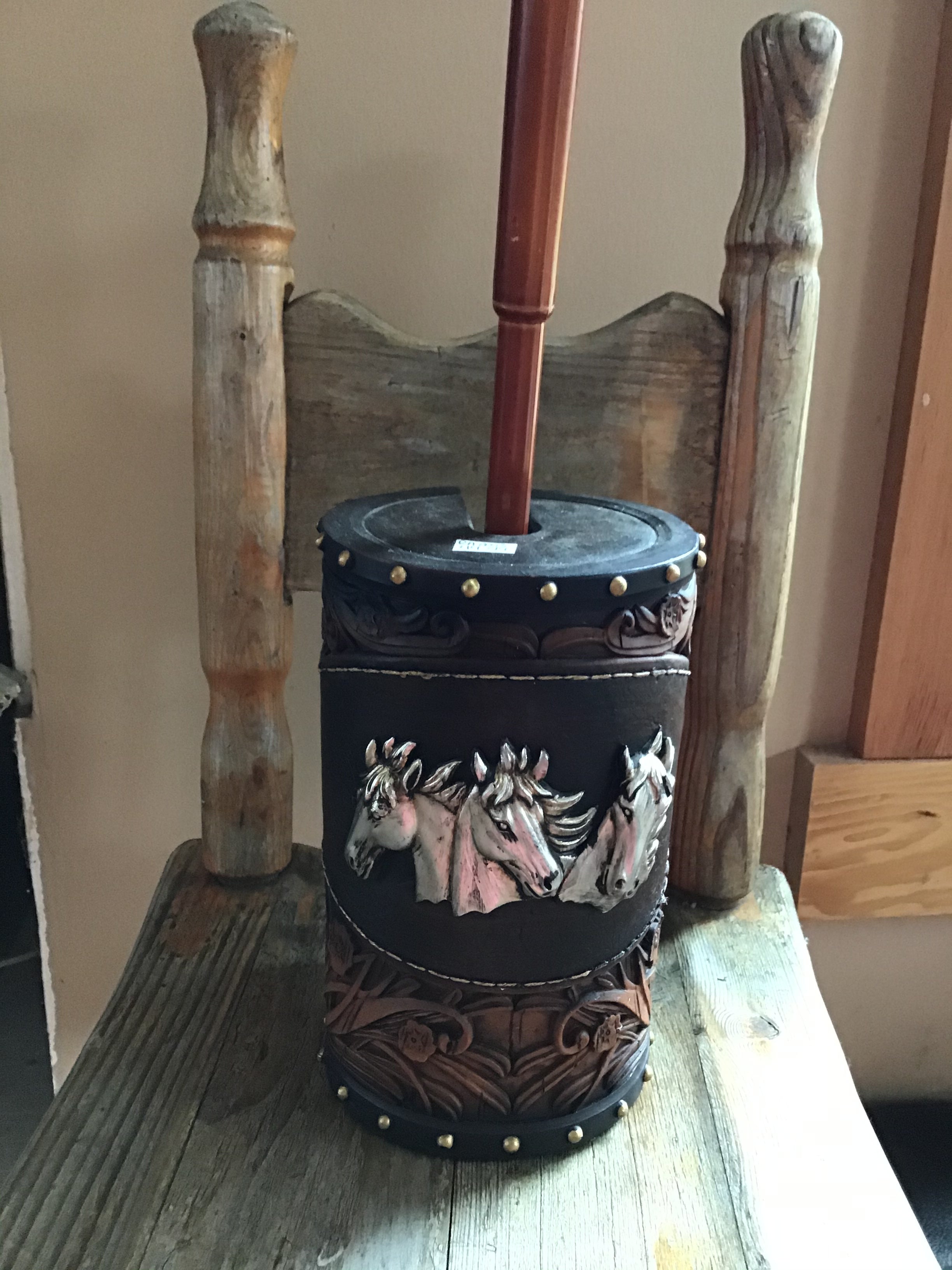 HORSE TOOLED LEATHER TOILET BRUSH HOLDER