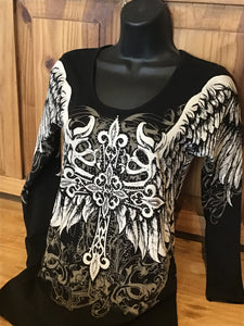 Biker women's top  gorgeous cross angel wing graphic print 3/4 sleeve with a round neck and embellished TOP SHIRT S M L XL
