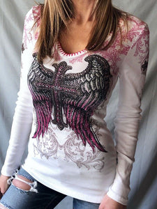 White with pink trim Cross Wing print with crystal rhinestones and stud accents