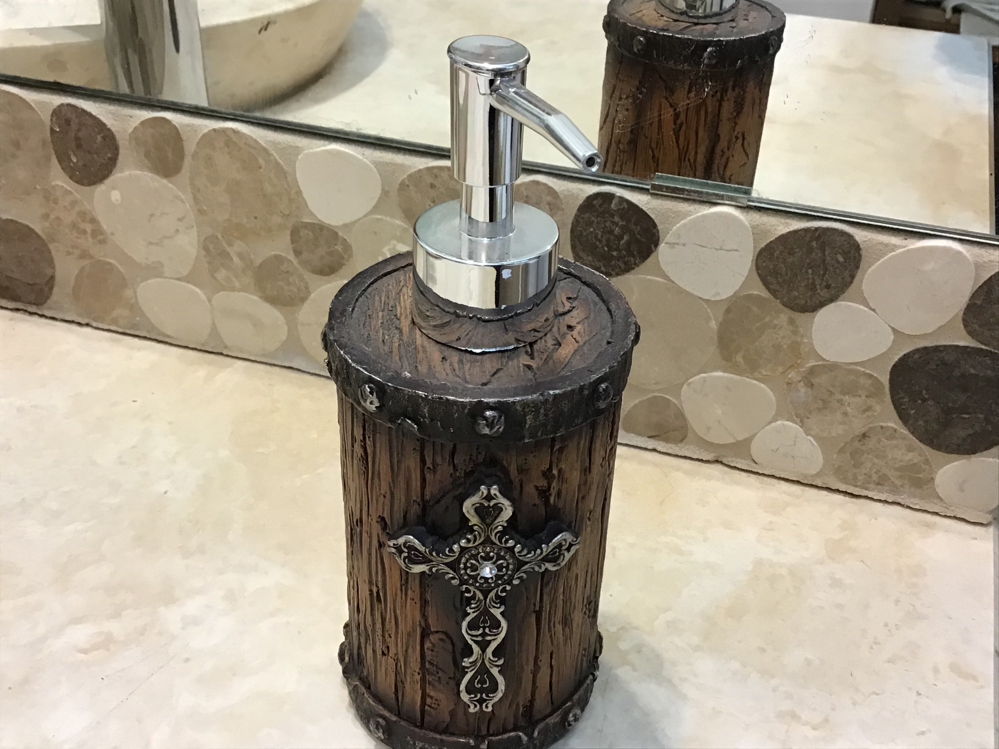 WOOD W/ SILVER CROSS TOILET PAPER HOLDER And soap pump each sold separately