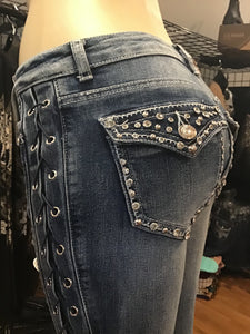 Tie up on leg women’s fashion jeans  Women’s boot cut jeans tie up along the side sexy biker style western style