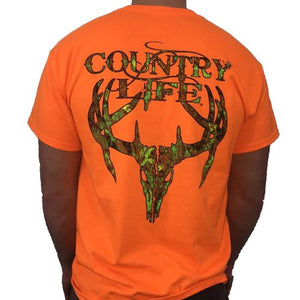 Mens Fashion top Country life t-shirt Longhorn deer skull Orange Camo Realtree Deer Skull Head Hunt Vintage