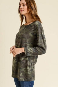 Ladies /women RIBBED CAMO TOP WITH A ROUND NECKLINE AND V CRISSCROSS BACK AND LONG SLEEVES