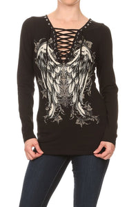 Women’s rhinestone wing lace up long sleeve top