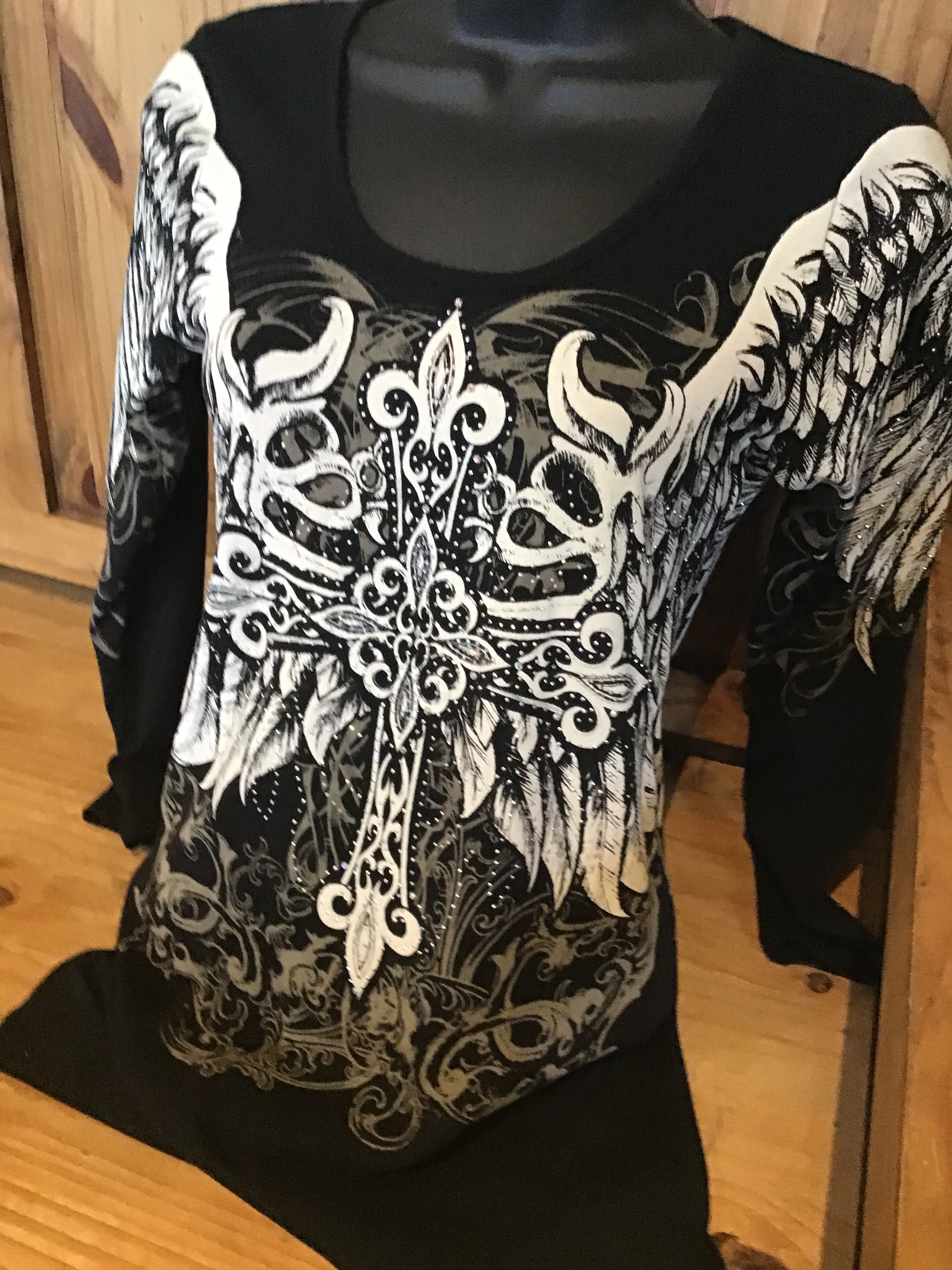 Biker women's top  gorgeous cross angel wing graphic print 3/4 sleeve with a round neck and embellished TOP SHIRT S M L XL