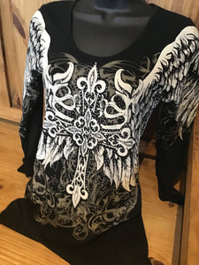 Biker women's top  gorgeous cross angel wing graphic print 3/4 sleeve with a round neck and embellished TOP SHIRT S M L XL