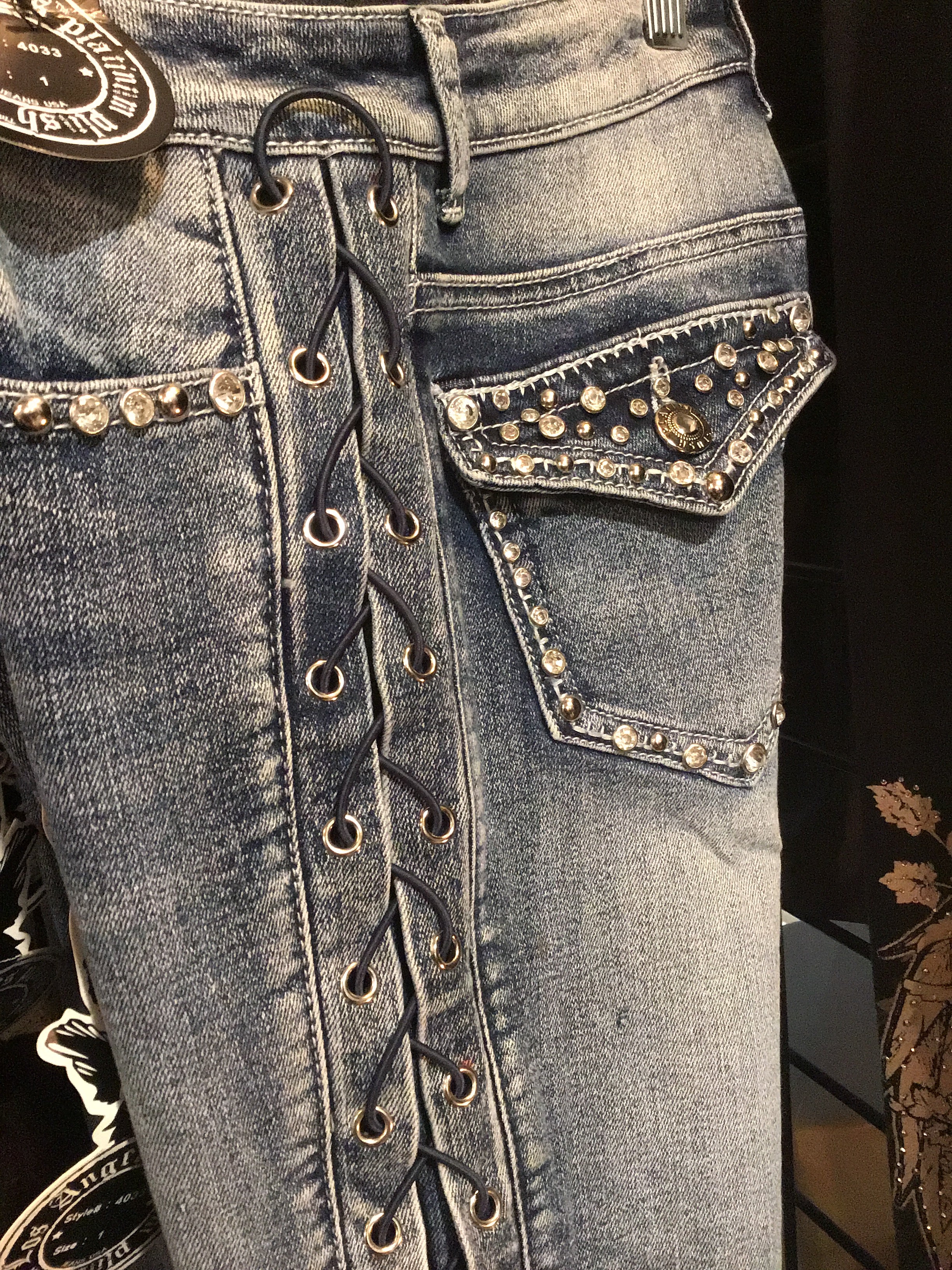 Tie up on leg women’s fashion jeans  Women’s boot cut jeans tie up along the side sexy biker style western style