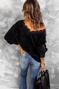Black Soft Lace Splicing V Neck Sweater