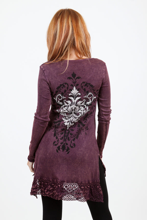 High Low Mineral Wash Long Sleeve Crochet Trimming and Print With Stone