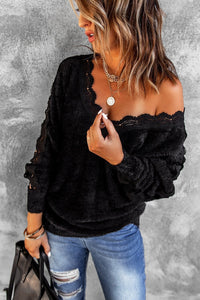 Black Soft Lace Splicing V Neck Sweater