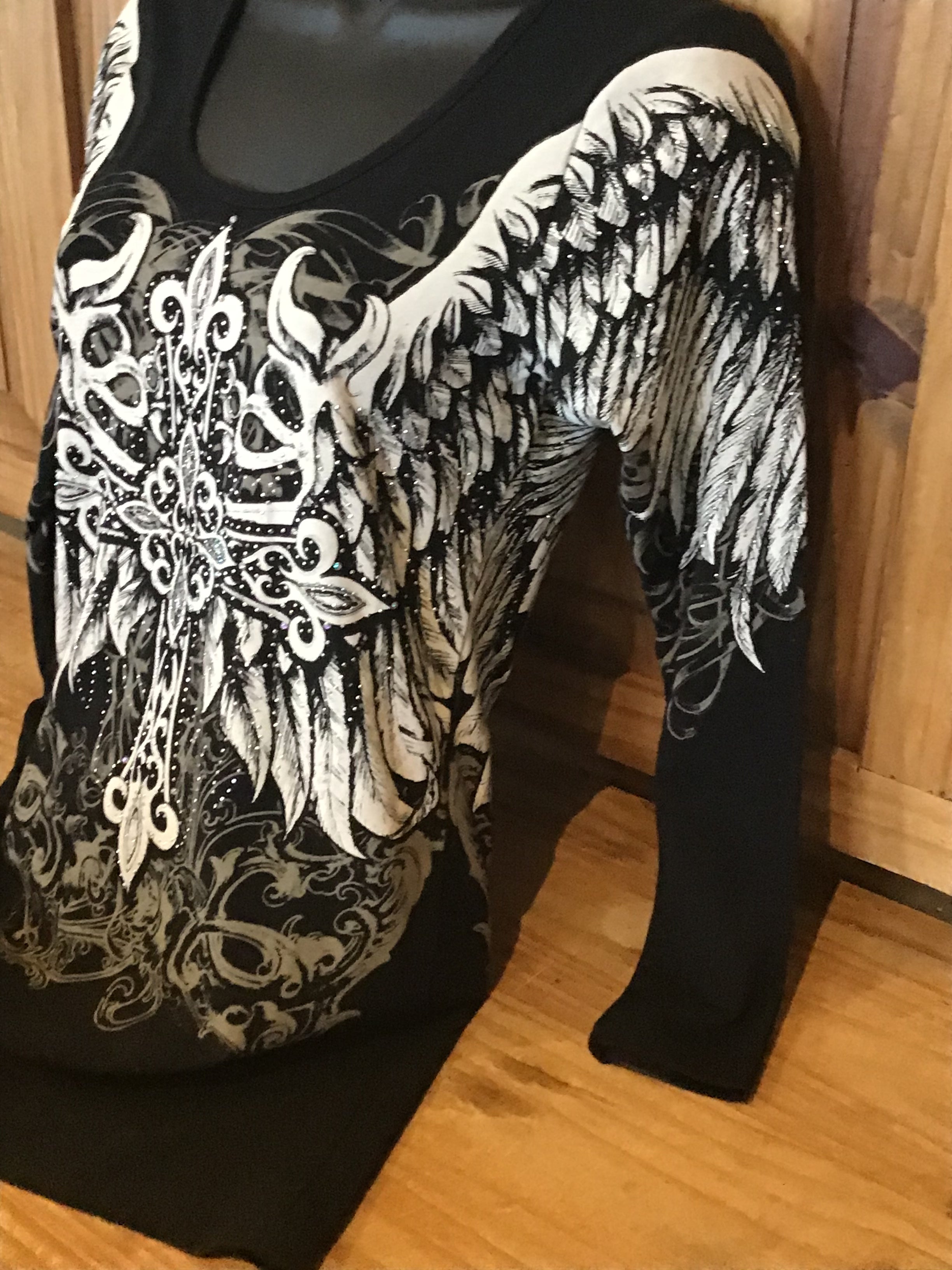 Biker women's top  gorgeous cross angel wing graphic print 3/4 sleeve with a round neck and embellished TOP SHIRT S M L XL