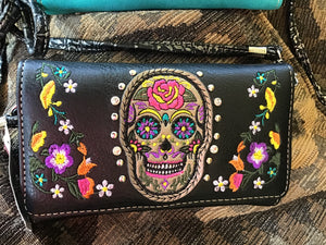 Western Sugar Skull Trifold Clutch Cross body Wallet-Turquoise , Black, Purple & Hot Pink