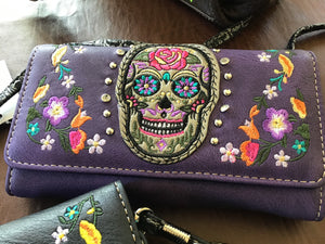 Western Sugar Skull Trifold Clutch Cross body Wallet-Turquoise , Black, Purple & Hot Pink