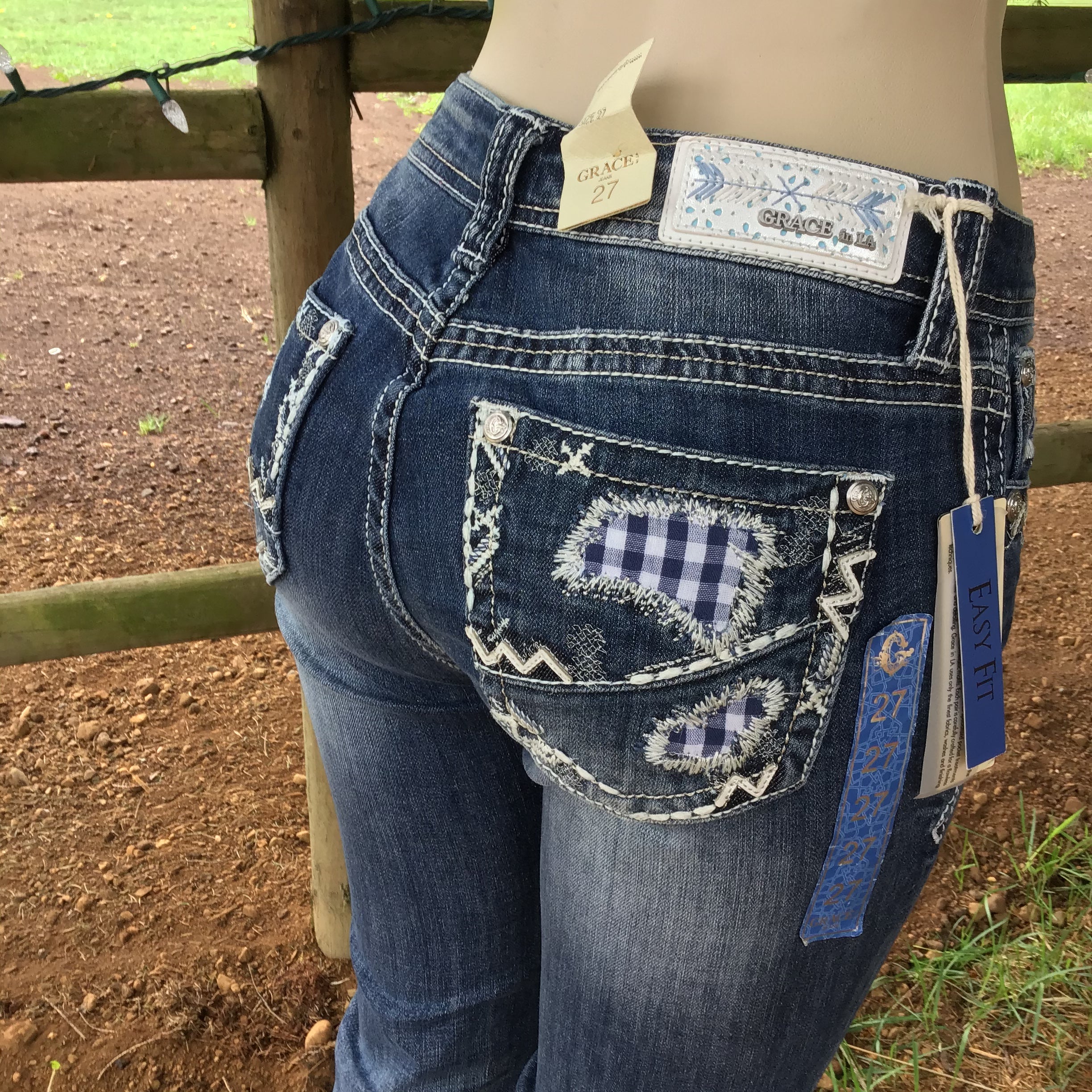 GRACE IN LA JUNIOR FIT WESTERN EMBROIDERED POCKET BOOT CUT JEANS