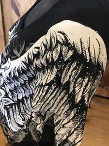 Biker women's top  gorgeous cross angel wing graphic print 3/4 sleeve with a round neck and embellished TOP SHIRT S M L XL
