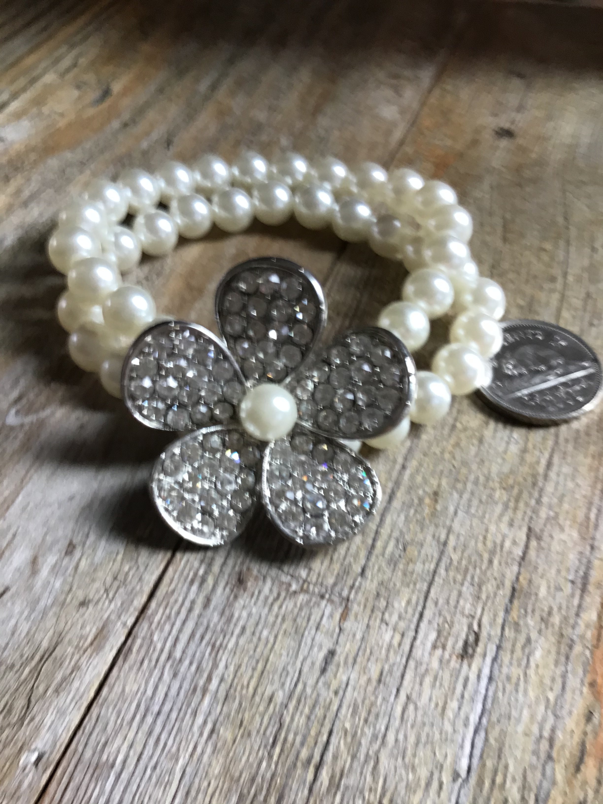 Pearl Stretch rhinestone flower bracelet great accessory for weddings