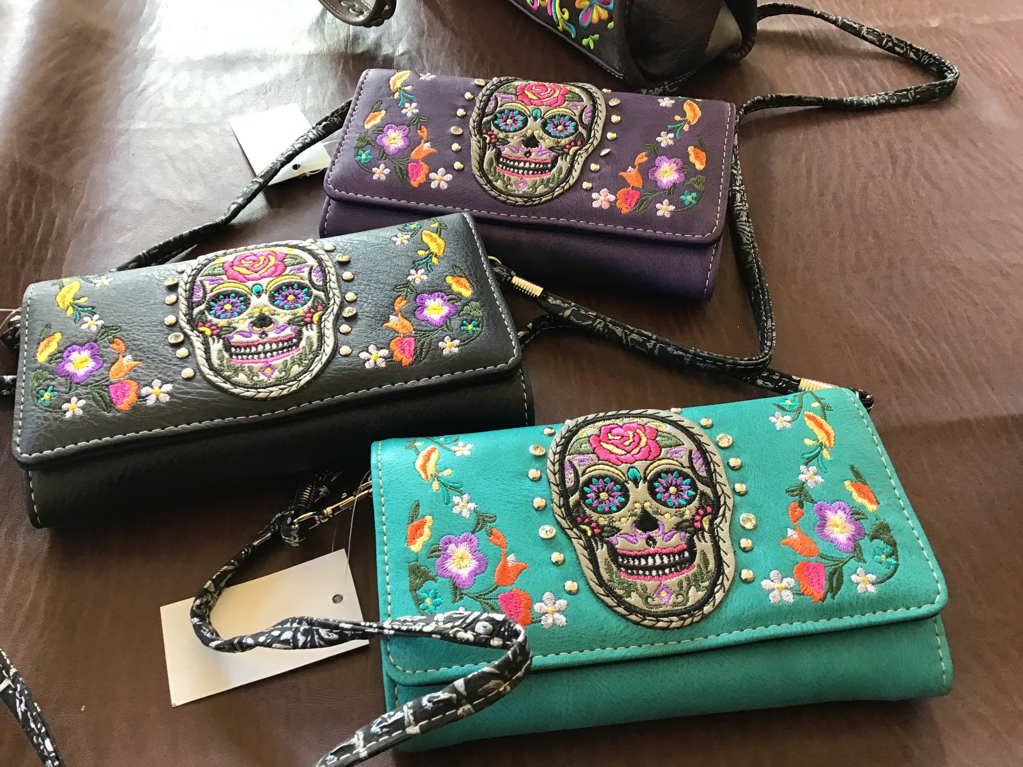 Western Sugar Skull Trifold Clutch Cross body Wallet-Turquoise , Black, Purple & Hot Pink