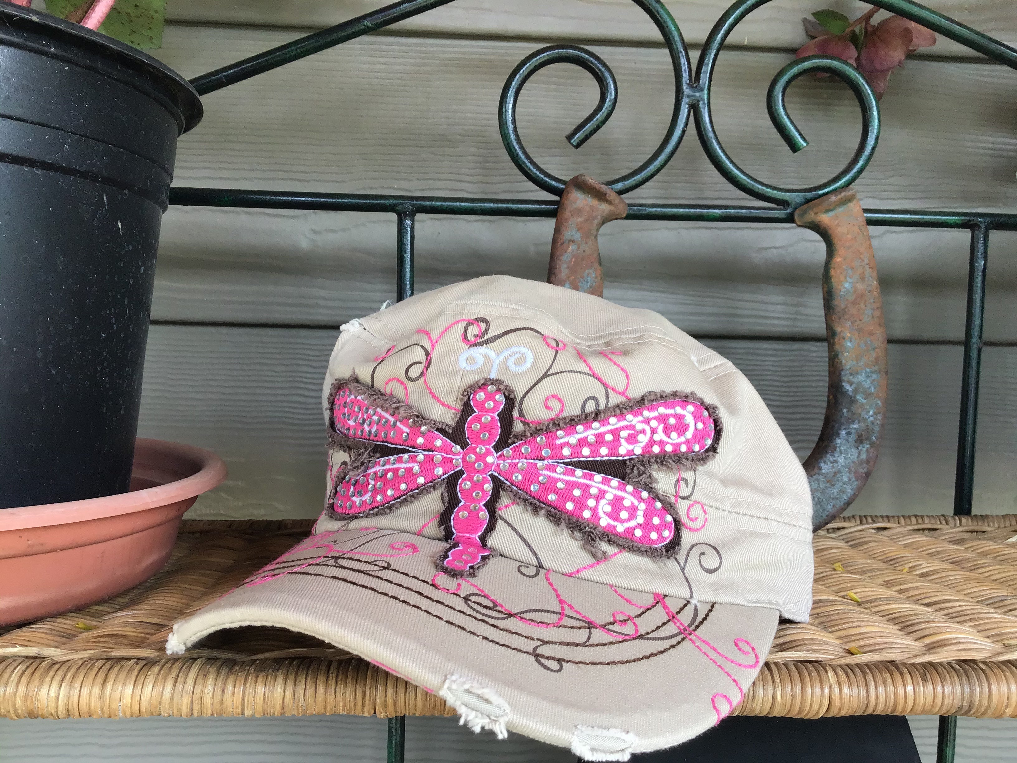 Dragonfly fuchsia tan chocolate brown cadet hat adjustable