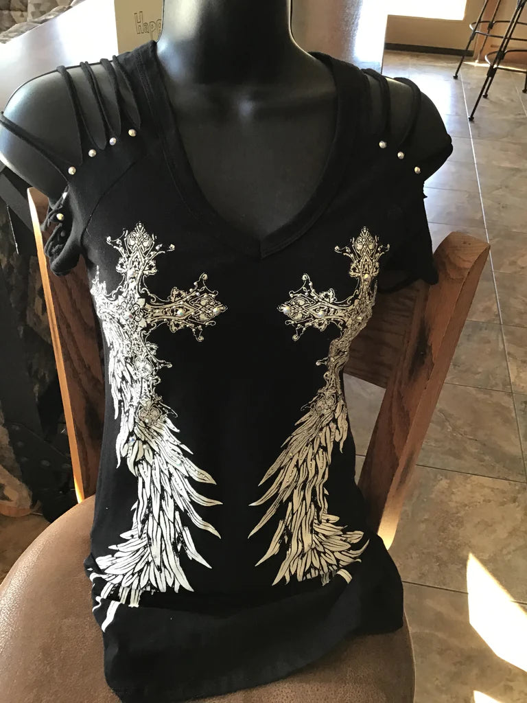 Bling Rhinestone Cross Wings Top