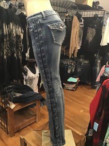 Tie up on leg women’s fashion jeans  Women’s boot cut jeans tie up along the side sexy biker style western style