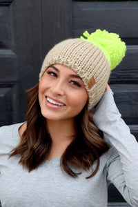 Neon green & tan color block knit hat with large pom accent Fleece lined