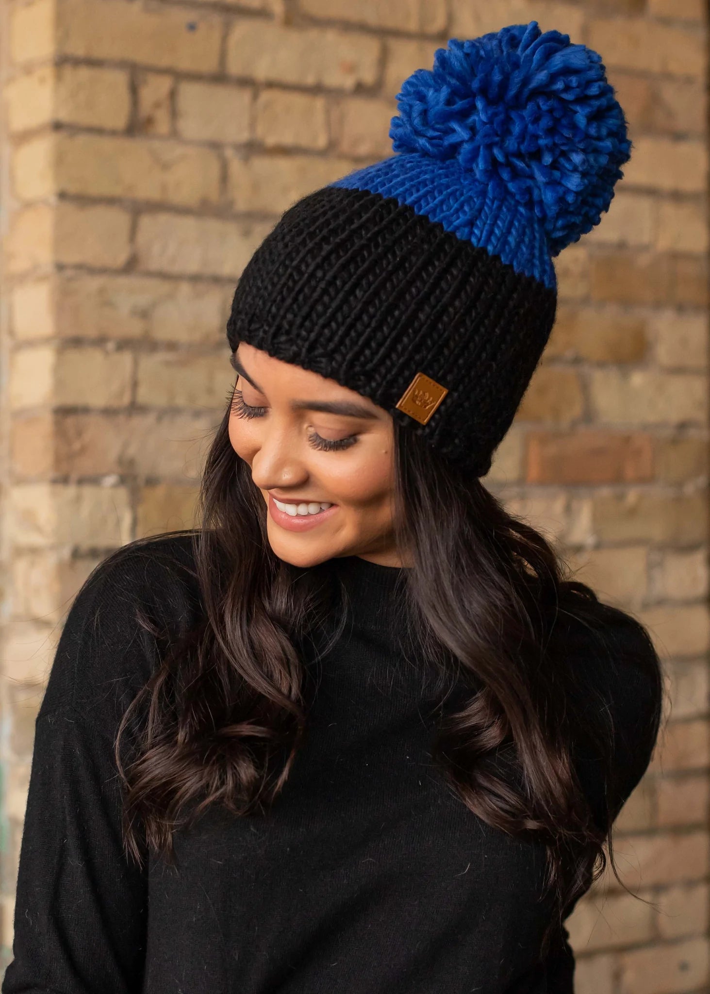Royal blue top knit hat