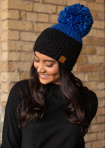 Black and royal blue color block knit hat large pom accent Fleece lined