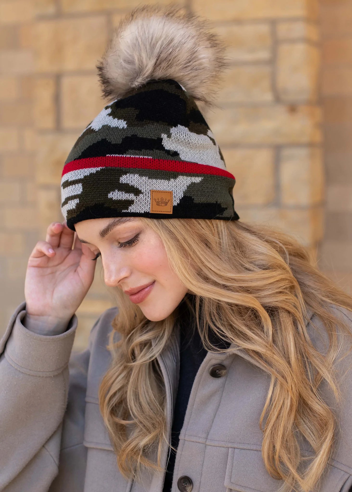 Green camo with red stripe knit hat with pom detail Fleece lined