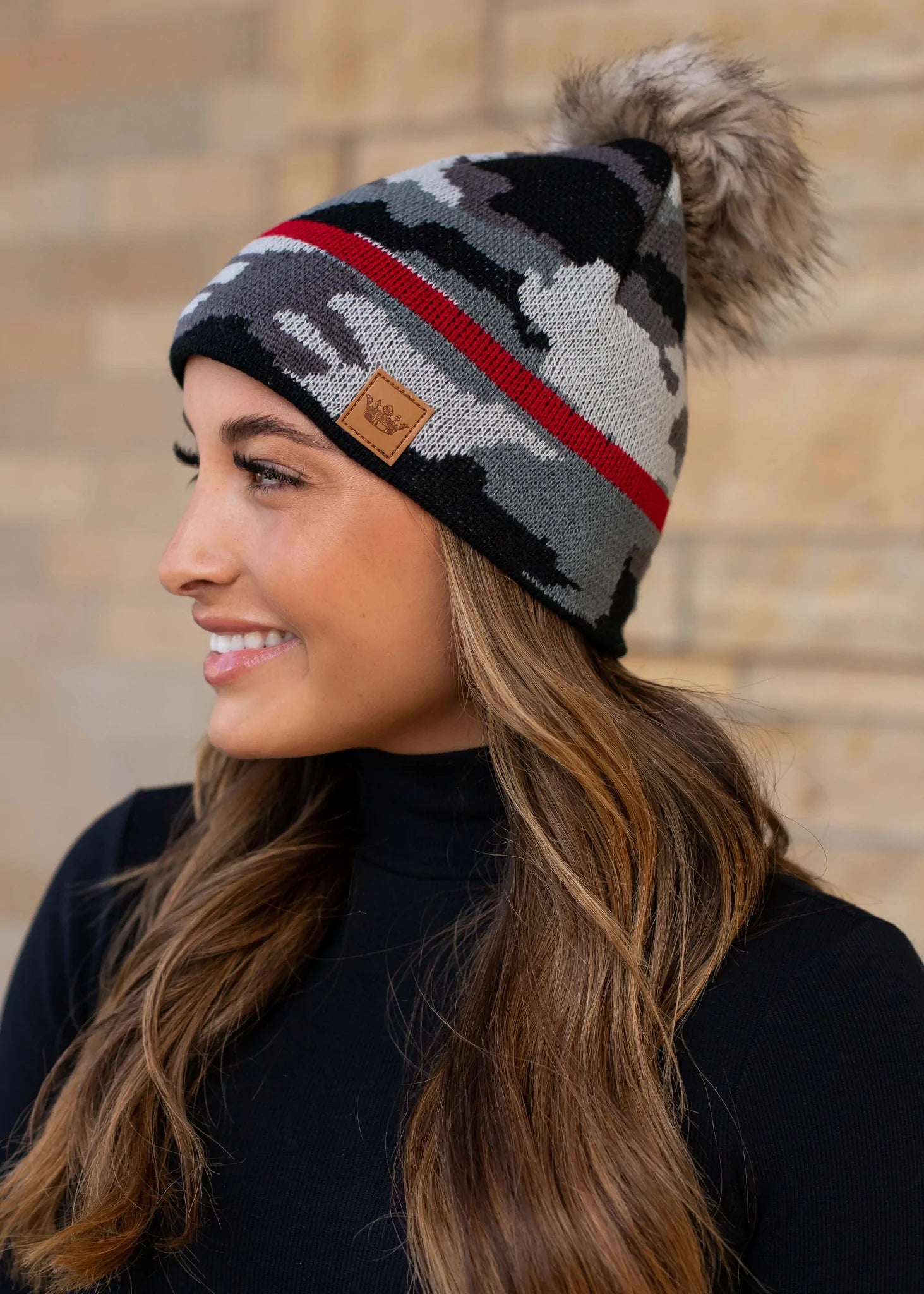 Grey camo knit pom hat with red stripe Natural faux fur pom accent Fleece lined Pairs with matching mittens M-79
