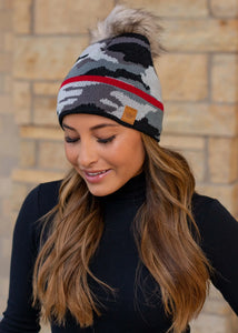 Grey camo knit pom hat with red stripe Natural faux fur pom accent Fleece lined Pairs with matching mittens M-79