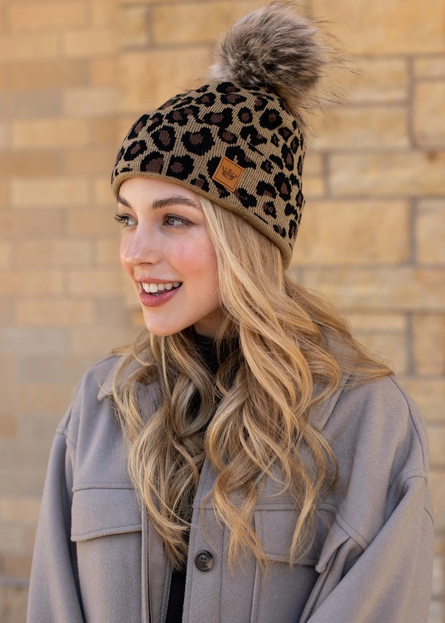 Fleece lined Beanie Tuque hat with pom Cheetah Leopard Print