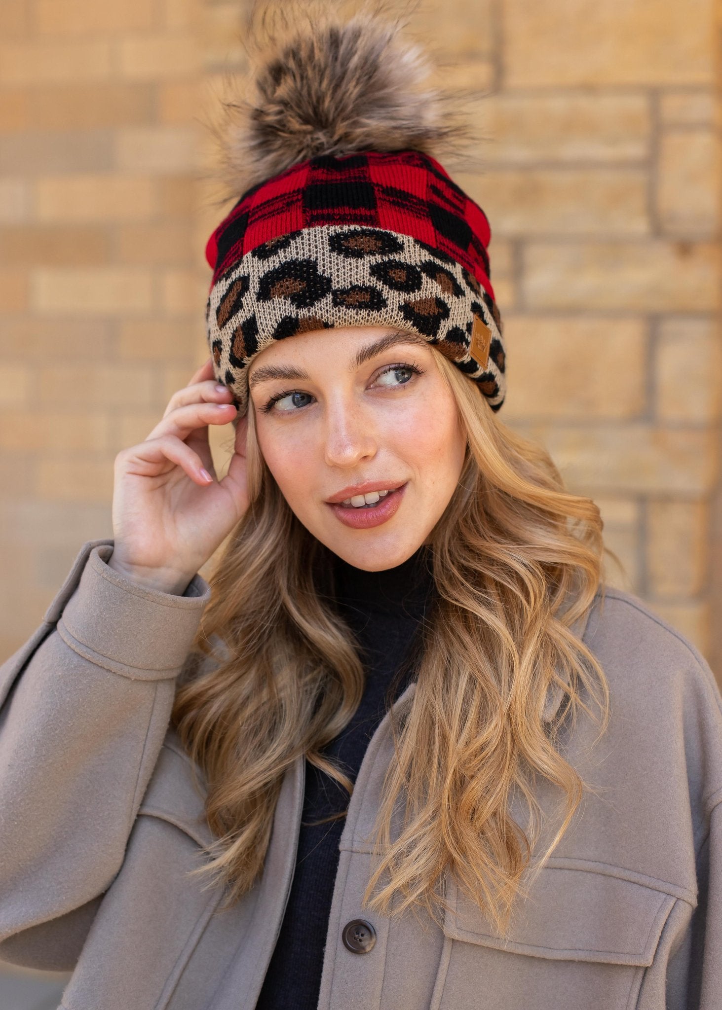 Fleece lined leopard and red plaid hat faux fur pom pom accent Leopard Cheetah Buffalo Print