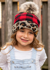 KIDS red buffalo plaid with leopard trim knit hat Faux fur pom accent Fleece lined
