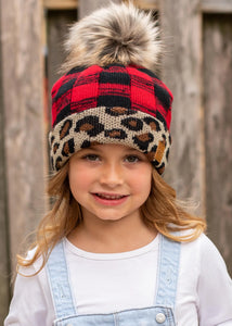 KIDS red buffalo plaid with leopard trim knit hat Faux fur pom accent Fleece lined