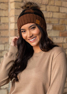 Brown and black buffalo plaid fleece lined knit hat pom pom