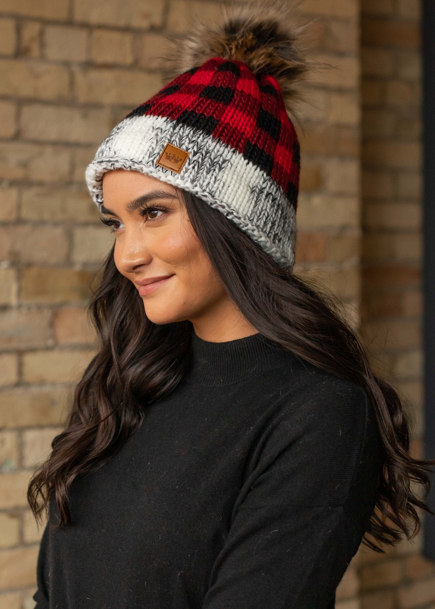 Red Plaid Grey heather with red buffalo plaid trim fleece lined knit hat with pom detail. Popular red plaid accent hat, fleece lined with pom