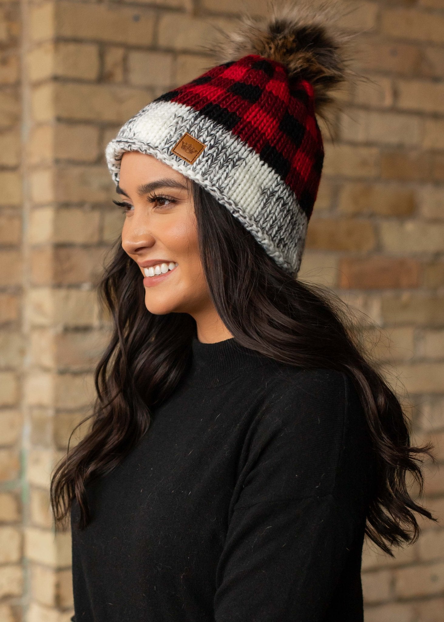 Red Plaid With Grey Heather fleece lined knit hat with pom detail. Popular red plaid accent hat, fleece lined with pom