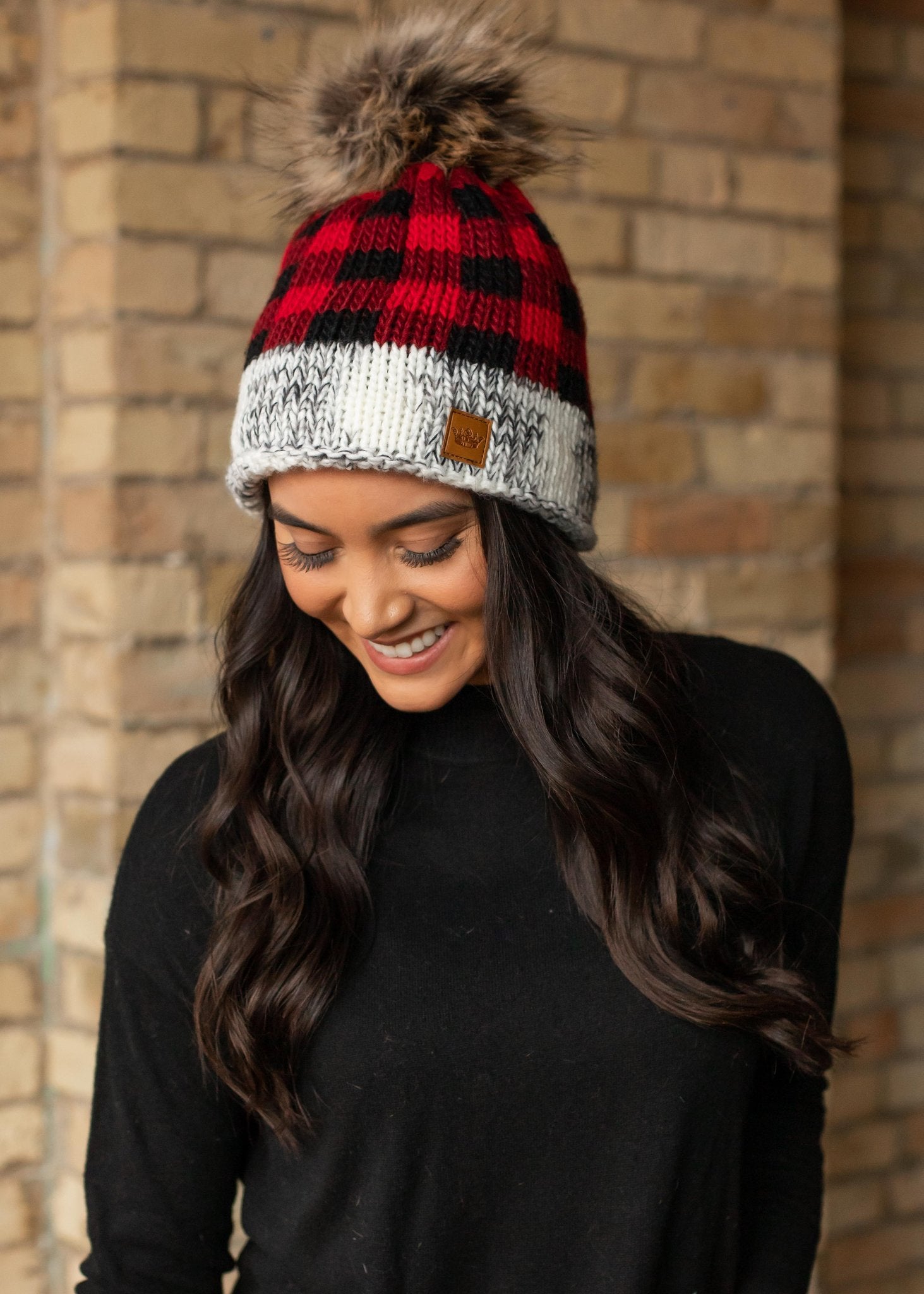 Red Plaid Grey heather with red buffalo plaid trim fleece lined knit hat with pom detail. Popular red plaid accent hat, fleece lined with pom