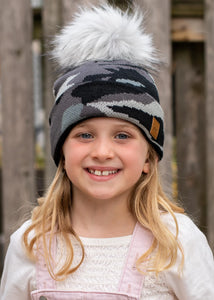 Kids grey camo knit hat with pom accent