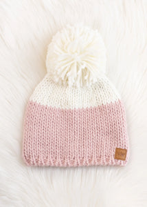 Blush & off white color block knit hat with large pom accent