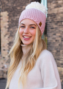 Blush & off white color block knit hat with large pom accent